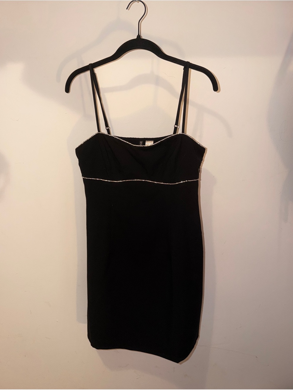 Divided Black Mini Dress with Rhinestone Trim